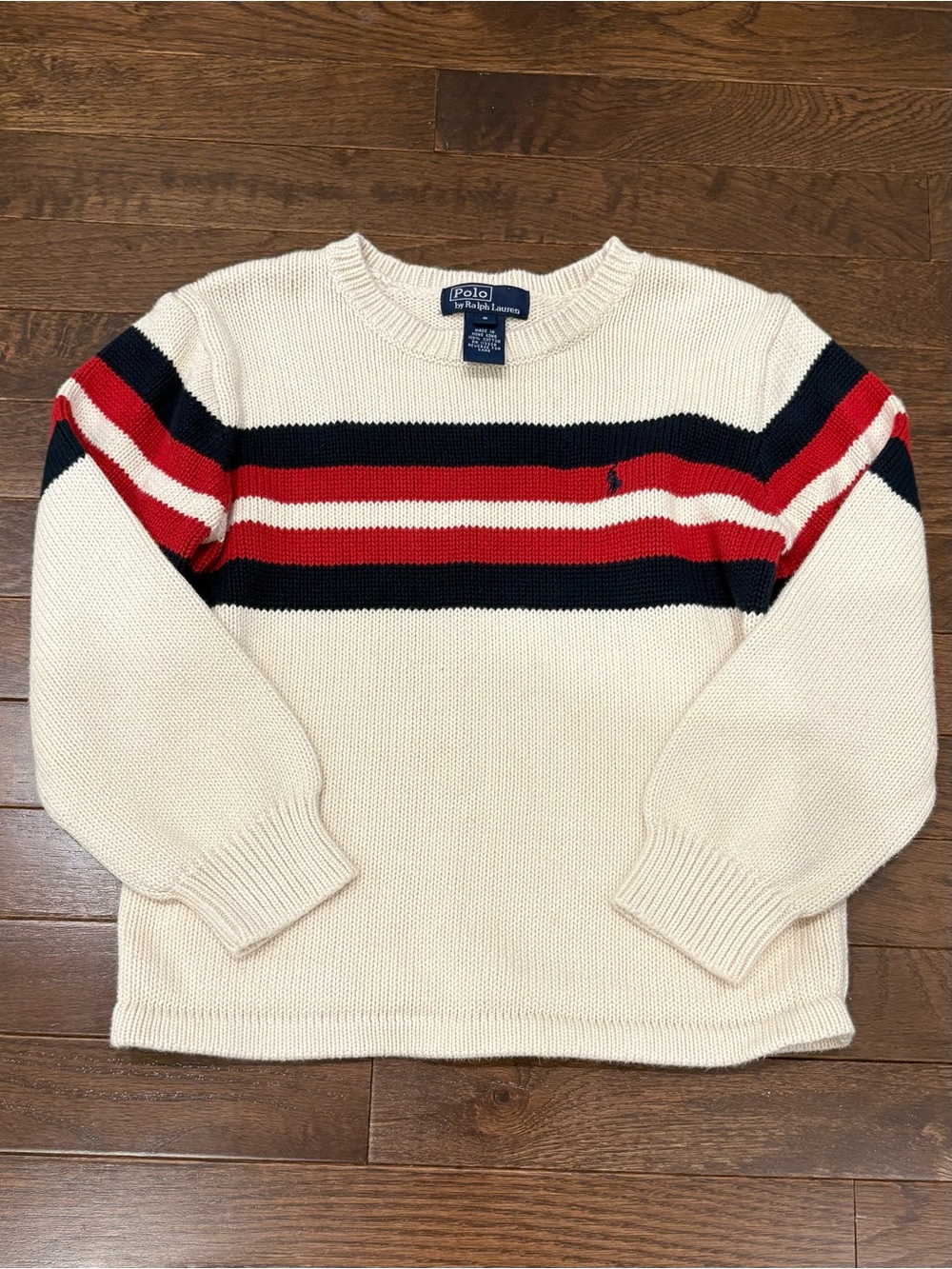 Polo Ralph Lauren Kids Cream Navy Red Striped Cotton Knit Sweater Pony Logo 6